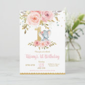 ゾウ1st誕生日招待状ガールピンクフローラ 招待状 (スタンド正面)