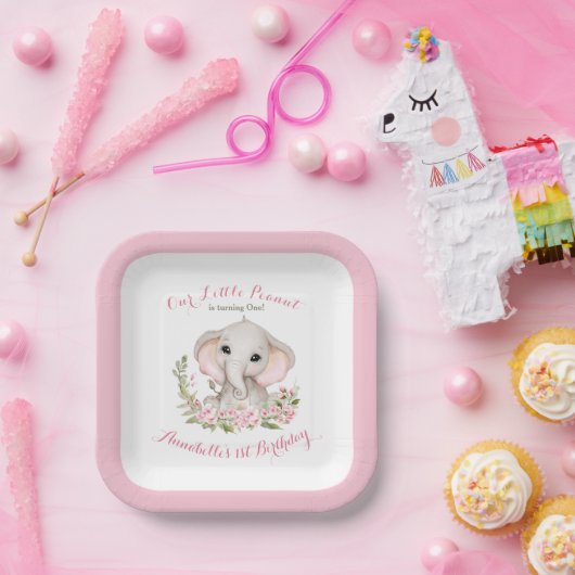 ゾウ1thバースデーガールカスタムエージースクエア ペーパープレート (パーティー)
