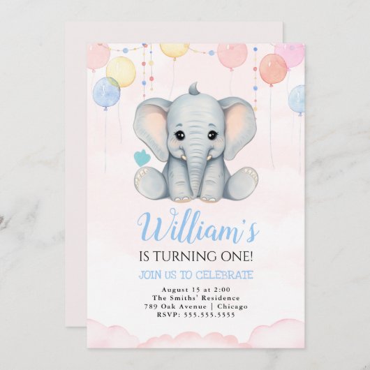 ゾウ1thバースデーボーイ招待状 招待状 (正面/裏面)