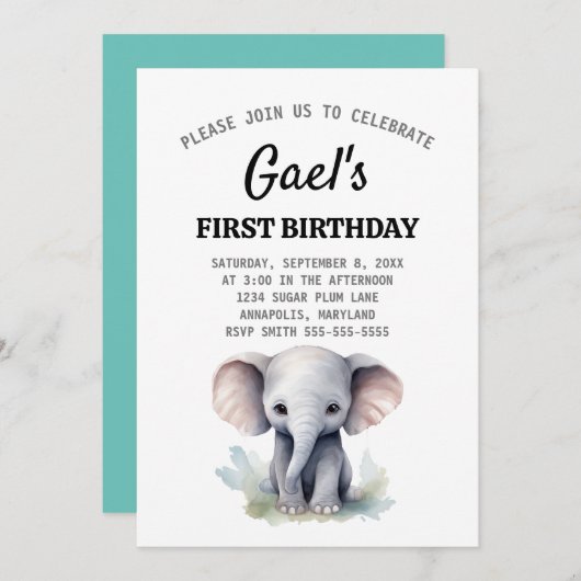 ゾウ1thバースデーボーイ招待状 招待状 (正面/裏面)
