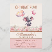 ゾウ1th誕生日ピンクフローラベビーガール 箔招待状 (正面)