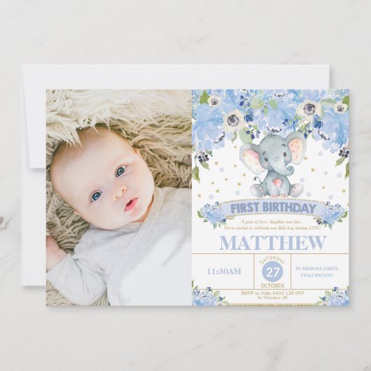 ゾウ1th誕生日ブルーフローラ少年の写真 招待状 (正面)