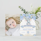 ゾウ1th誕生日ブルーフローラ少年の写真 招待状 (スタンド正面)