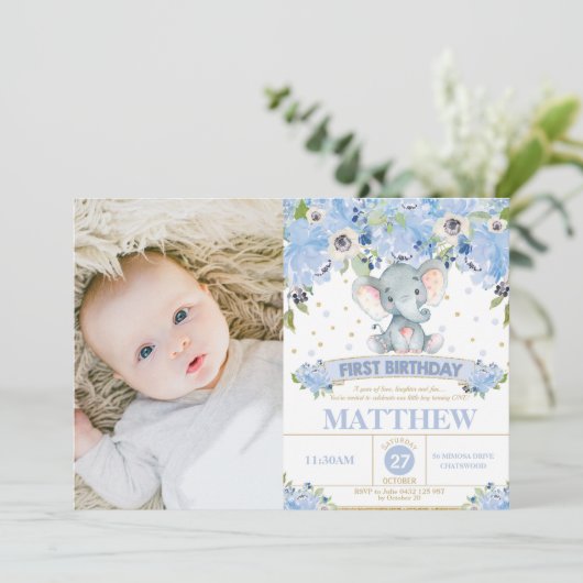 ゾウ1th誕生日ブルーフローラ少年の写真 招待状 (スタンド正面)