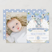 ゾウ1th誕生日ブルーフローラ少年の写真 招待状 (正面/裏面)