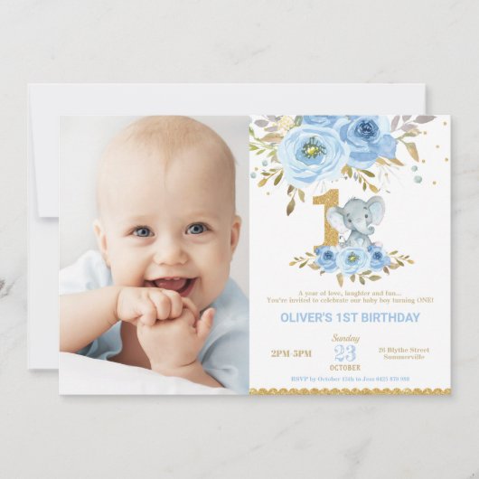 ゾウ1th誕生日ブルーフローラ少年の写真 招待状 (正面)