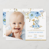 ゾウ1th誕生日ブルーフローラ少年の写真 招待状 (正面/裏面)