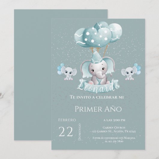 ゾウ1th誕生日招待状 招待状 (正面/裏面)