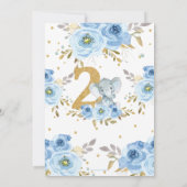 ゾウ2番目の誕生日ブルーフローラ花2 招待状 (裏面)