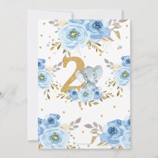 ゾウ2番目の誕生日ブルーフローラ花2 招待状 (裏面)