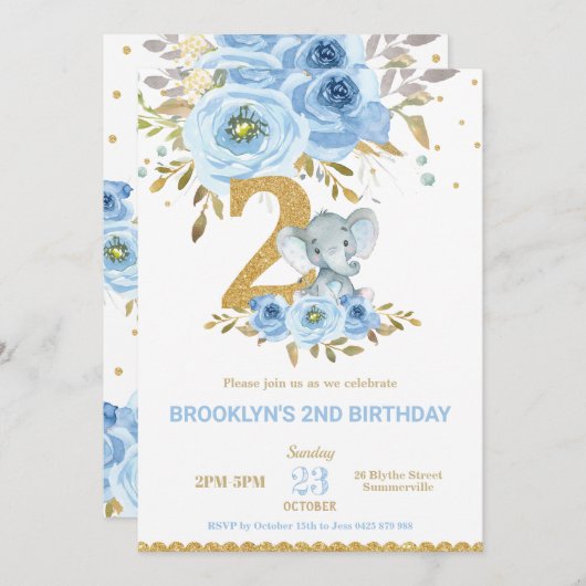 ゾウ2番目の誕生日ブルーフローラ花2 招待状 (正面/裏面)