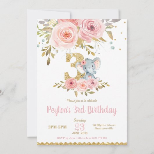 ゾウ3rd誕生日招待状ガールピンクフローラ 招待状 (正面)