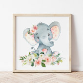 ゾウ，サファリ，ピンクの花，女の子子供部屋 フォトプリント           