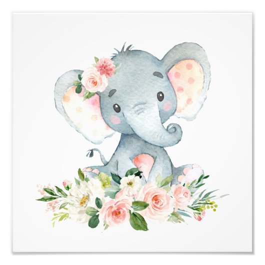ゾウ，サファリ，ピンクの花，女の子子供部屋 フォトプリント            (正面)