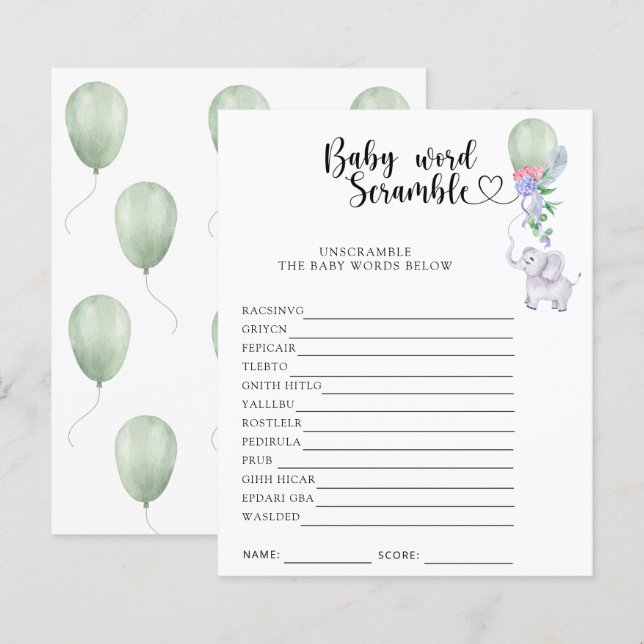 ゾウ&バルーン – ベビーWordスクランブルゲーム (正面/裏面)