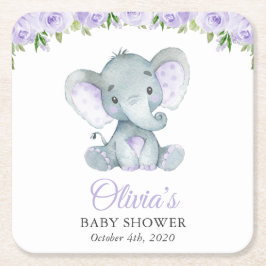 ゾウ, パープル ウォーターカラー フラワー, ベビー シャワー スクエアペーパーコースター