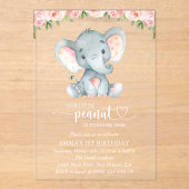 ゾウ、ピンクの水彩花、ファーストバースデー アクリル招待状 (正面)