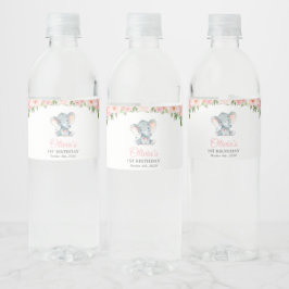 ゾウ、ピンクの水彩花、ファーストバースデー ペットボトルラベル