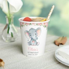 ゾウ、ピンクの水彩花、ファーストバースデー 紙コップ