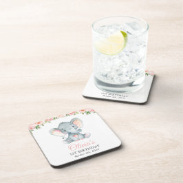 ゾウ、ピンクの水彩花、最初の誕生日 コースター