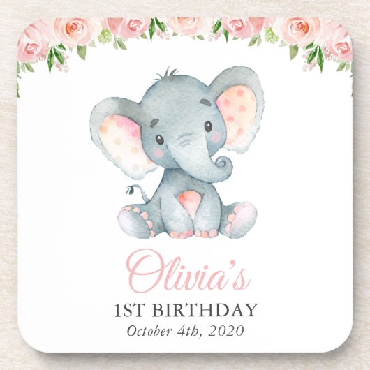 ゾウ、ピンクの水彩花、最初の誕生日 コースター (正面)