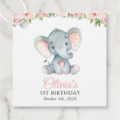 ゾウ、ピンクの水彩花、最初の誕生日 フェイバータグ (正面)
