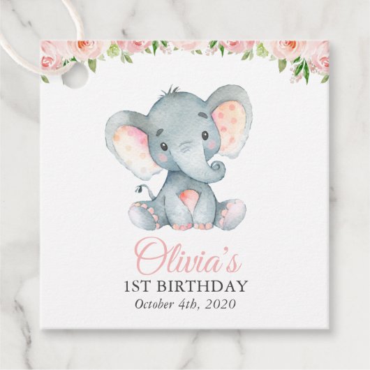 ゾウ、ピンクの水彩花、最初の誕生日 フェイバータグ (正面)