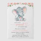 ゾウ、ピンクの水彩花、最初の誕生日 ベラム紙招待状 (正面)