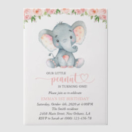 ゾウ、ピンクの水彩花、最初の誕生日 ベラム紙招待状