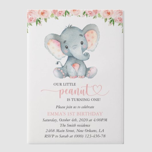 ゾウ、ピンクの水彩花、最初の誕生日 ベラム紙招待状 (正面)