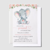 ゾウ、ピンクの水彩花、最初の誕生日 ベラム紙招待状 (オフセット)