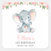 ゾウ、ピンクの水彩花、1歳の誕生日 