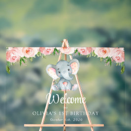 ゾウ、ピンクの花、最初の誕生日歓迎 アクリルサイン
