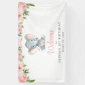 ゾウ、ピンクの花、最初の誕生日歓迎 横断幕 (縦)