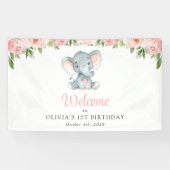 ゾウ、ピンクの花、1歳のバースデーウェルカム 横断幕 (横)