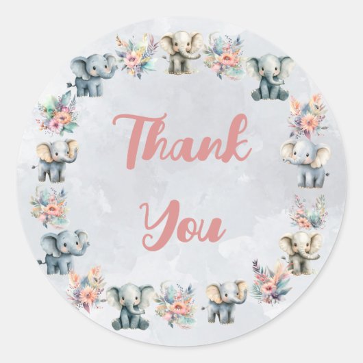 ゾウ&ボホジャングル灰色のステッカーに花 ラウンドシール (正面)