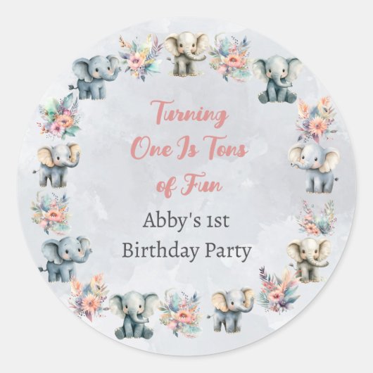 ゾウ&ボホジャングル灰色のステッカーに花 ラウンドシール (正面)