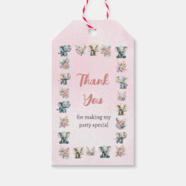 ゾウ&ボホジャングル花オンピンク誕生日 ギフトタグ