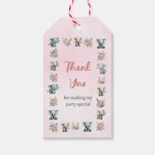 ゾウ&ボホジャングル花オンピンク誕生日 ギフトタグ