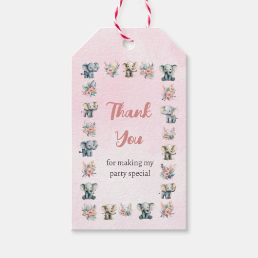 ゾウ&ボホジャングル花オンピンク誕生日 ギフトタグ (正面)