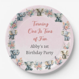 ゾウ&ボホジャングル花オンピンク誕生日 ペーパープレート