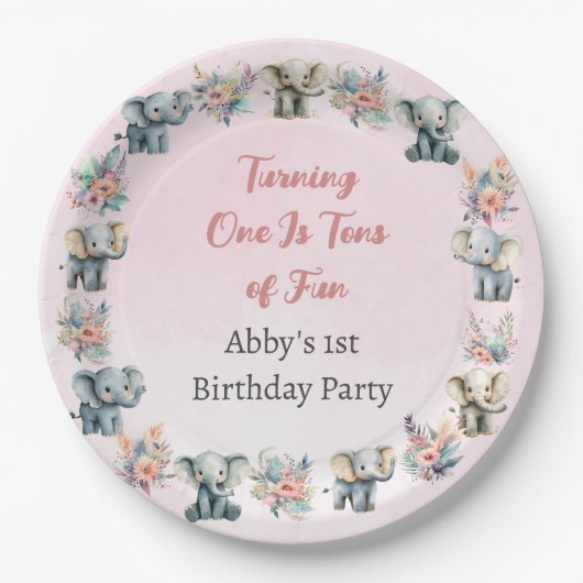 ゾウ&ボホジャングル花オンピンク誕生日 ペーパープレート (正面)