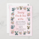 ゾウ&ボホジャングル花オンピンク誕生日 ポストカード (正面/裏面)