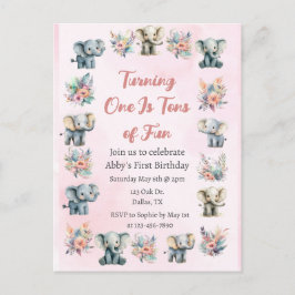 ゾウ&ボホジャングル花オンピンク誕生日 ポストカード