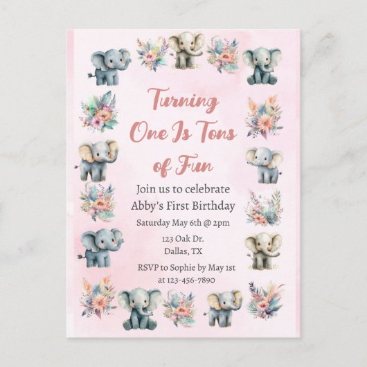 ゾウ&ボホジャングル花オンピンク誕生日 ポストカード (正面)