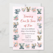 ゾウ&ボホジャングル花オンピンク誕生日 マグネット招待状 (正面)