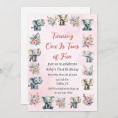 ゾウ&ボホジャングル花オンピンク誕生日 招待状 (正面/裏面)