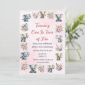 ゾウ&ボホジャングル花オンピンク誕生日 招待状 (スタンド正面)