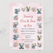 ゾウ&ボホジャングル花オンピンク誕生日 招待状 (正面/裏面)