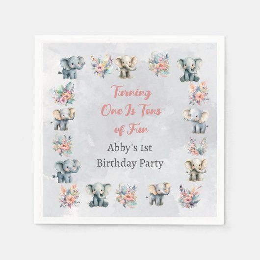 ゾウ&ボーホジャングルの花オングレー誕生日 スタンダードカクテルナプキン (正面)